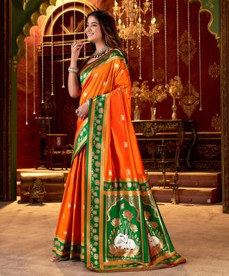 orange paithani cotton silk zari woven saree 3