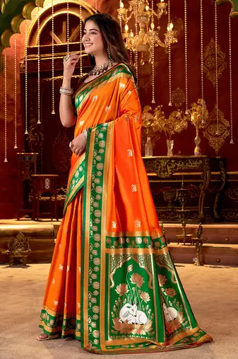 orange paithani cotton silk zari woven saree