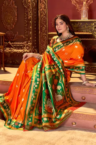 orange paithani cotton silk zari woven saree