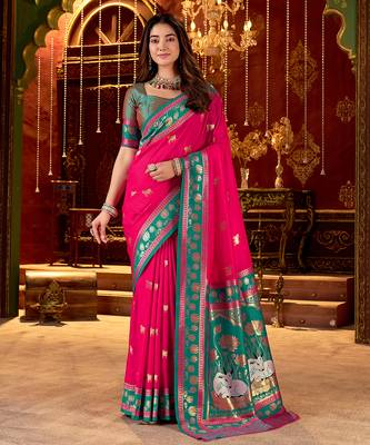 rani pink paithani cotton silk zari woven saree 1
