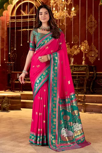 Rani pink cotton silk zari woven saree with contrast blouse piece
