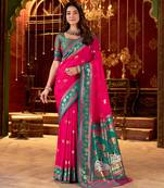 Rani pink cotton silk zari woven saree with contrast blouse piece