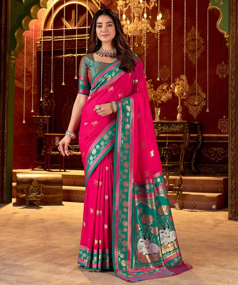 Rani pink cotton silk zari woven saree with contrast blouse piece