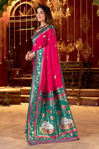 rani pink paithani cotton silk zari woven saree