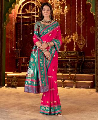 rani pink paithani cotton silk zari woven saree 4