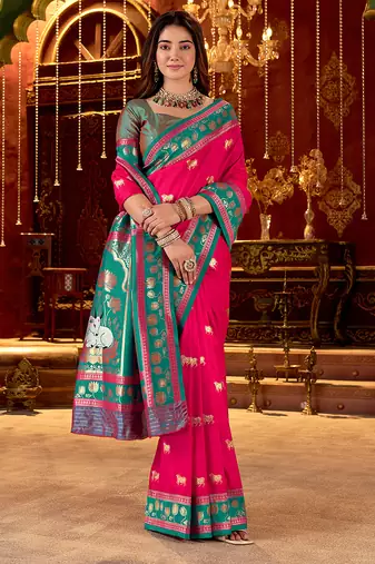 rani pink paithani cotton silk zari woven saree