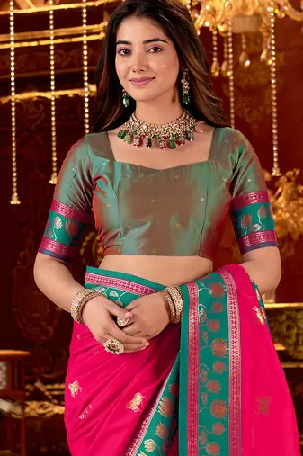 rani pink paithani cotton silk zari woven saree