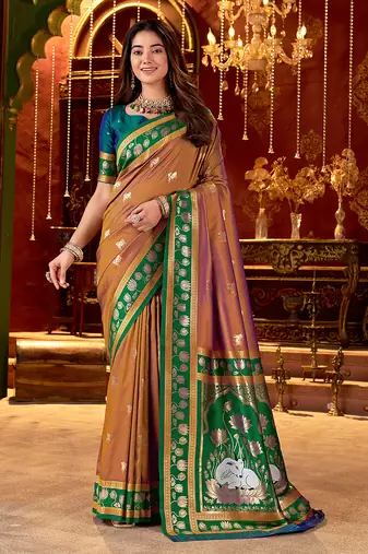Light copper cotton silk zari woven saree with contrast blouse piece