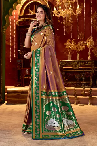 light copper paithani cotton silk zari woven saree