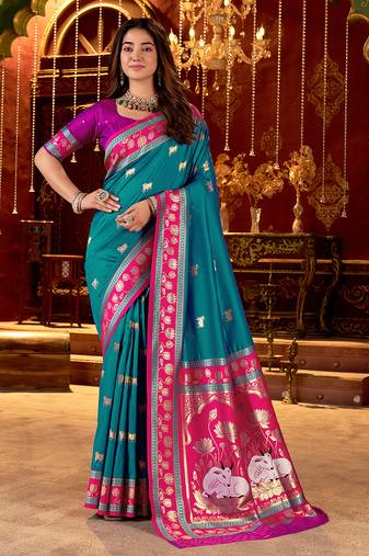 Teal cotton silk zari woven saree with contrast blouse piece