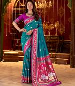 Teal cotton silk zari woven saree with contrast blouse piece