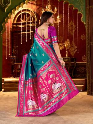 teal paithani cotton silk zari woven saree 2