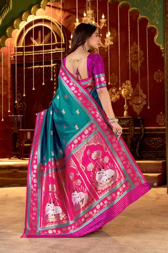 teal paithani cotton silk zari woven saree