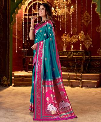 teal paithani cotton silk zari woven saree 3