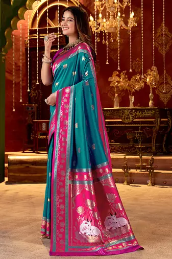 teal paithani cotton silk zari woven saree