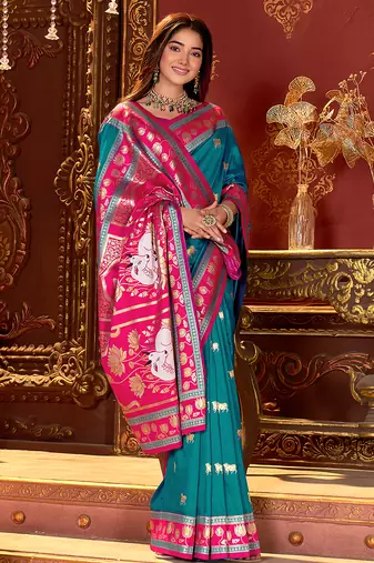 teal paithani cotton silk zari woven saree