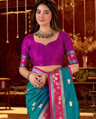 teal paithani cotton silk zari woven saree 5