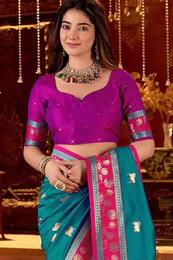 teal paithani cotton silk zari woven saree