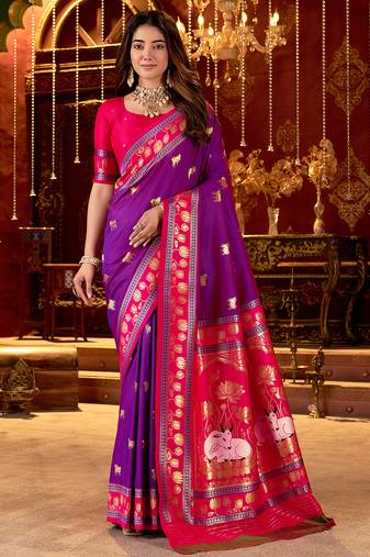 Purple cotton silk zari woven saree with contrast blouse piece