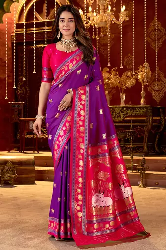 Purple cotton silk zari woven saree with contrast blouse piece