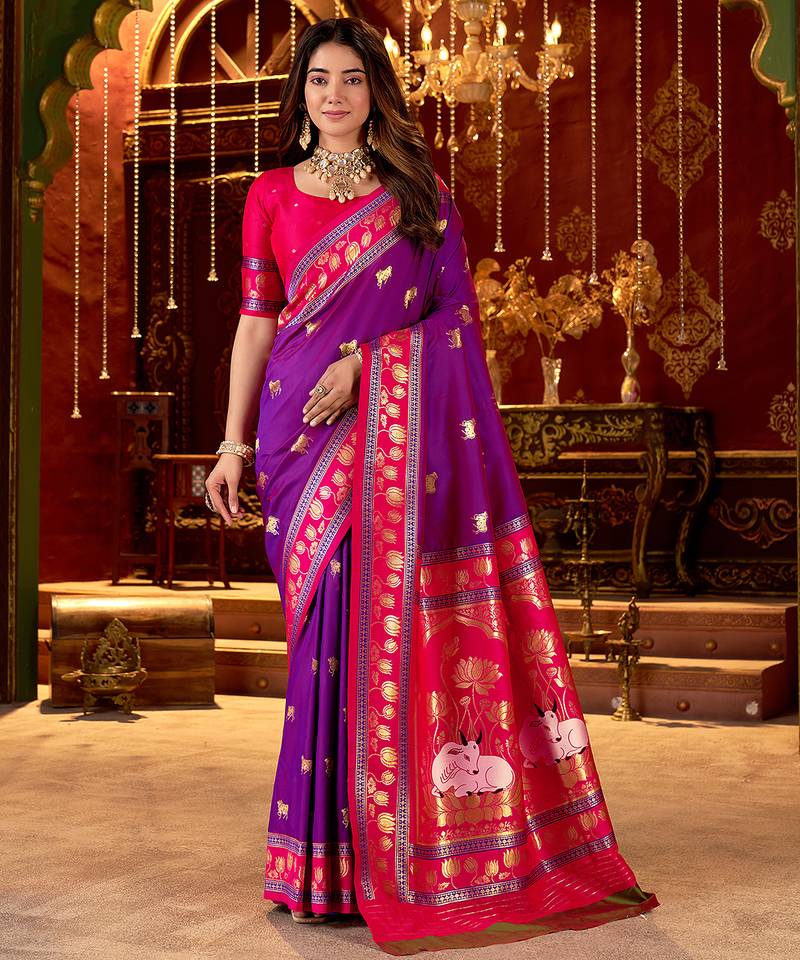 Purple cotton silk zari woven saree with contrast blouse piece