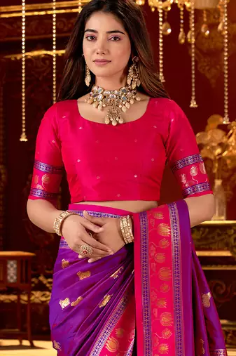 purple paithani cotton silk zari woven saree