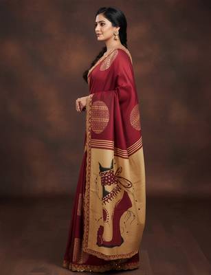 Maroon kalamkari print mulmul cotton saree with blouse. 5