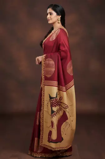 Maroon kalamkari print mulmul cotton saree with blouse.