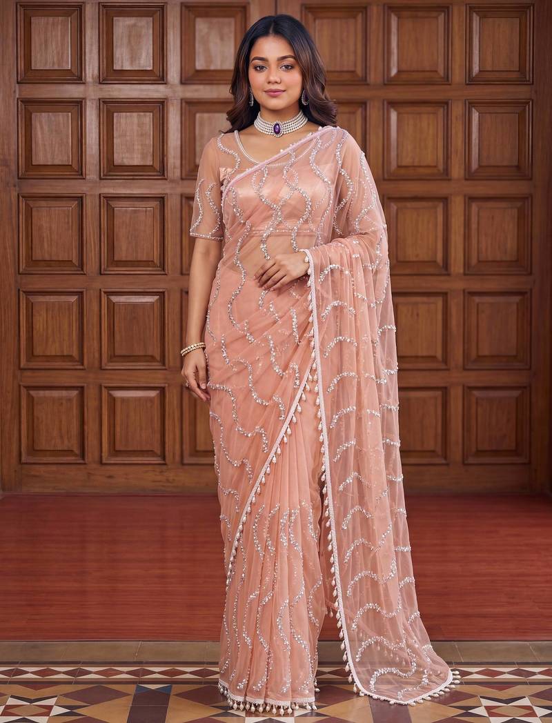 Light Orange Color Bidds,sequence,pearls  Embroidery Work Net Saree