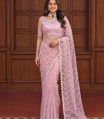 Light Pink Color Bidds,sequence,pearls  Embroidery Work Net Saree
