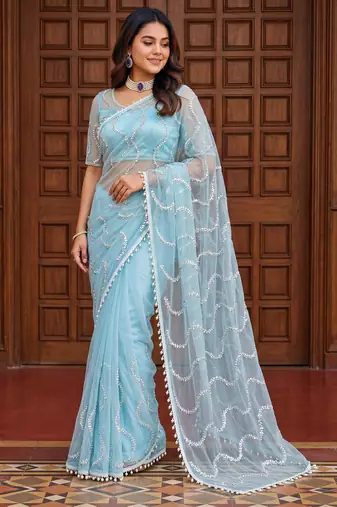 Sky Blue Color Bidds,sequence,pearls  Embroidery Work Net Saree