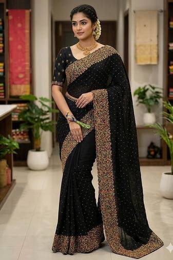 Black Color  embroidery ,Multi Color Thred with stone Work Silk Saree