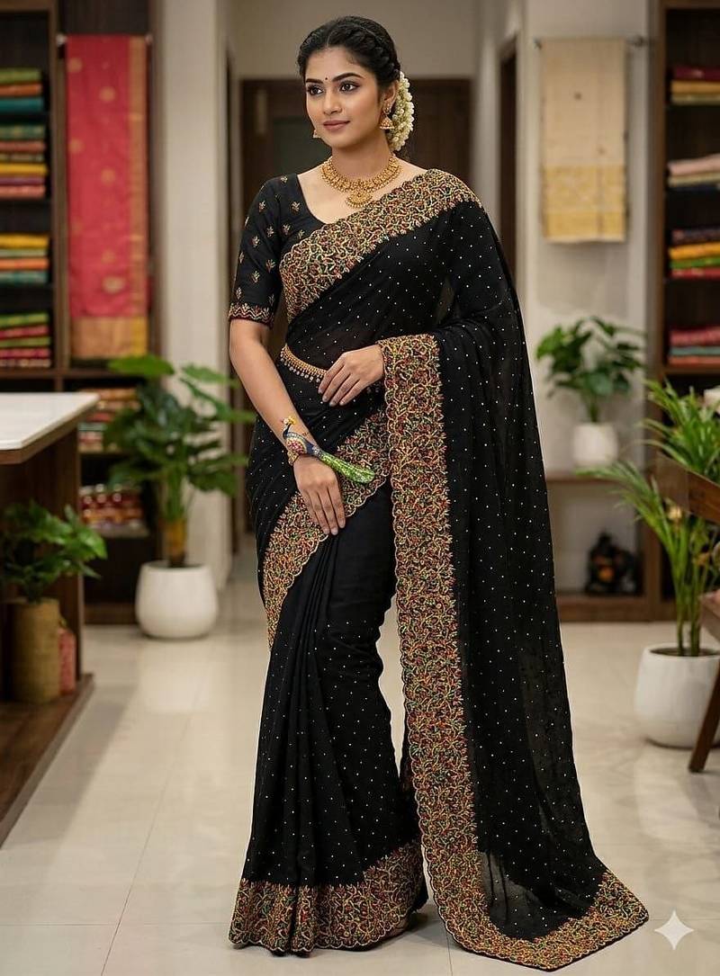 Black Color  embroidery ,Multi Color Thred with stone Work Silk Saree