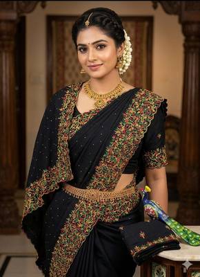 Black Color  embroidery ,Multi Color Thred with stone Work art silk saree 2