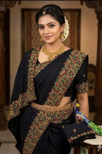 Black Color  embroidery ,Multi Color Thred with stone Work art silk saree