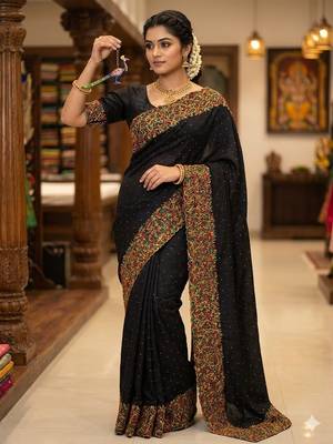 Black Color  embroidery ,Multi Color Thred with stone Work art silk saree 3