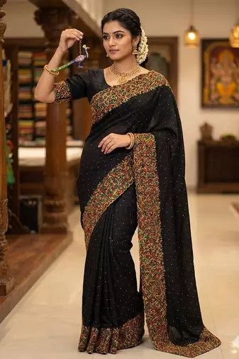 Black Color  embroidery ,Multi Color Thred with stone Work art silk saree