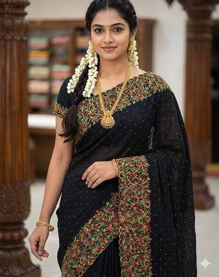 Black Color  embroidery ,Multi Color Thred with stone Work art silk saree 4