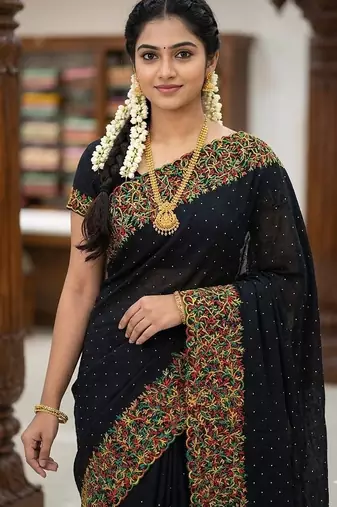 Black Color  embroidery ,Multi Color Thred with stone Work art silk saree