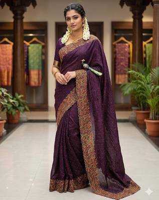 Wine Color  embroidery ,Multi Color Thred with stone Work art silk saree 1