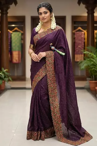 Wine Color  embroidery ,Multi Color Thred with stone Work Silk Saree