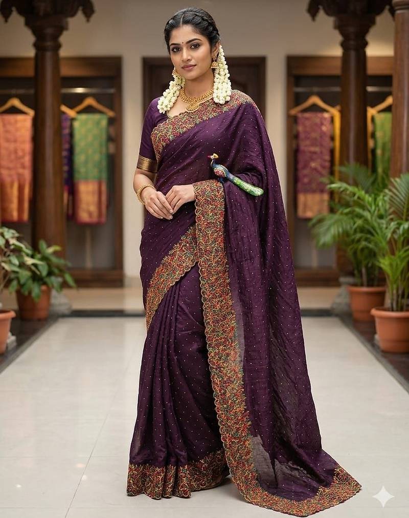 Wine Color  embroidery ,Multi Color Thred with stone Work Silk Saree