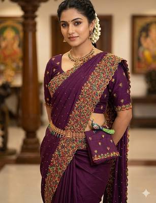 Wine Color  embroidery ,Multi Color Thred with stone Work art silk saree 2