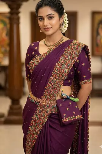 Wine Color  embroidery ,Multi Color Thred with stone Work art silk saree