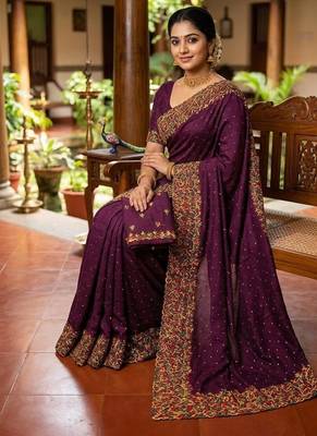 Wine Color  embroidery ,Multi Color Thred with stone Work art silk saree 3