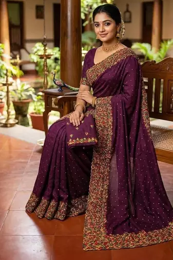 Wine Color  embroidery ,Multi Color Thred with stone Work art silk saree