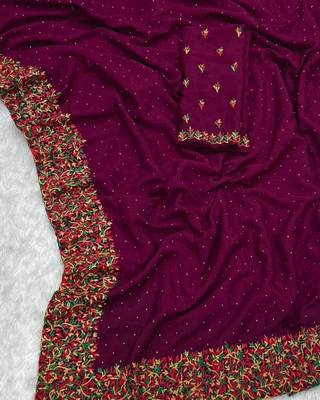 Wine Color  embroidery ,Multi Color Thred with stone Work art silk saree 4
