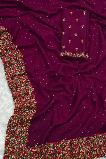 Wine Color  embroidery ,Multi Color Thred with stone Work art silk saree
