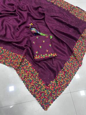 Wine Color  embroidery ,Multi Color Thred with stone Work art silk saree 5