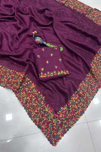 Wine Color  embroidery ,Multi Color Thred with stone Work art silk saree